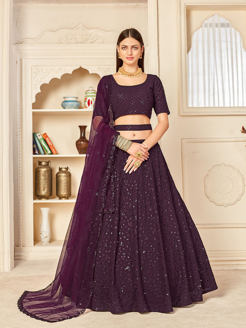 

ODETTE Women Purple Embroidered Semi-Stitched Lehenga & Unstitched Blouse With Dupatta