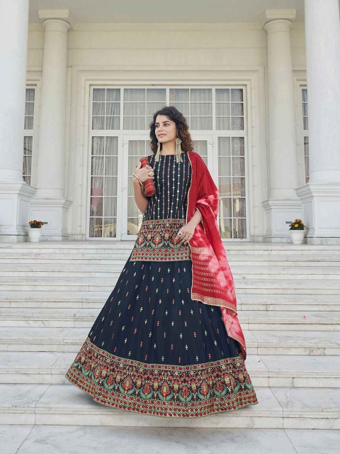 

ODETTE Navy Blue & Red Embellished Mirror Work Semi-Stitched Lehenga & Unstitched Blouse With Dupatta