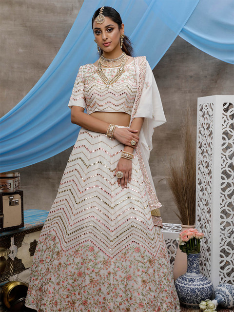 

ODETTE White & Pink Embroidered Semi-Stitched Lehenga & Unstitched Blouse With Dupatta