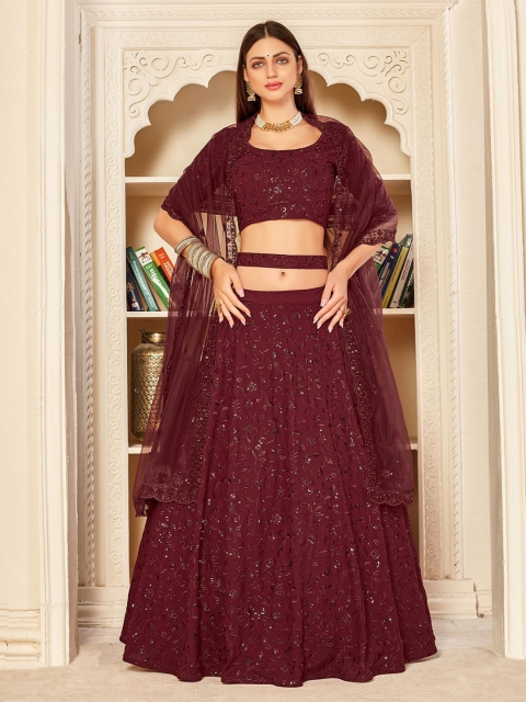 

ODETTE Maroon & Silver-Toned Embroidered Sequinned Semi-Stitched Lehenga & Unstitched Blouse With Dupatta