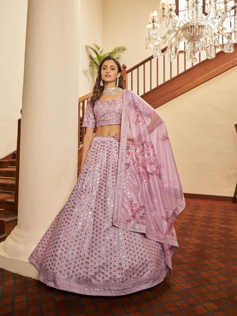 

ODETTE Pink Embroidered Semi-Stitched Lehenga & Unstitched Blouse With Dupatta Set