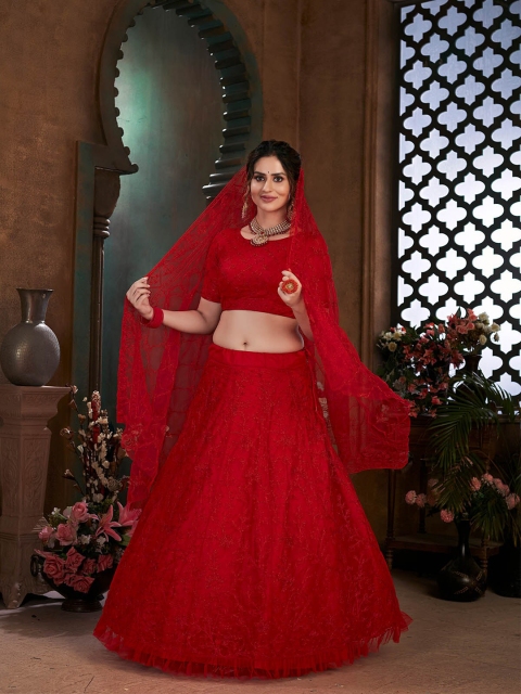 

ODETTE Red Embroidered Semi-Stitched Lehenga Set