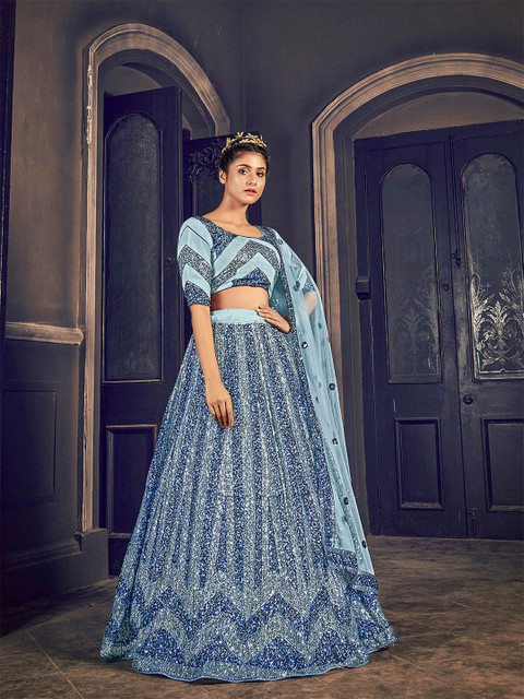 

ODETTE Blue & Silver-Toned Embellished Sequinned Semi-Stitched Lehenga & Unstitched Blouse With Dupatta