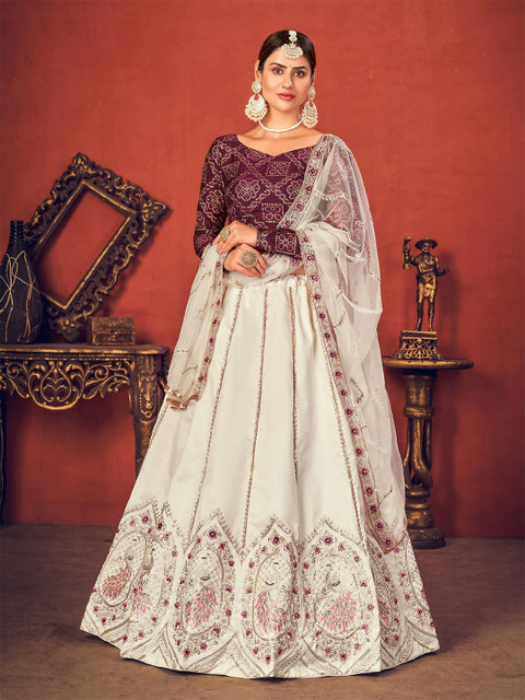 

ODETTE White & Purple Printed Semi-Stitched Lehenga & Unstitched Blouse With Dupatta