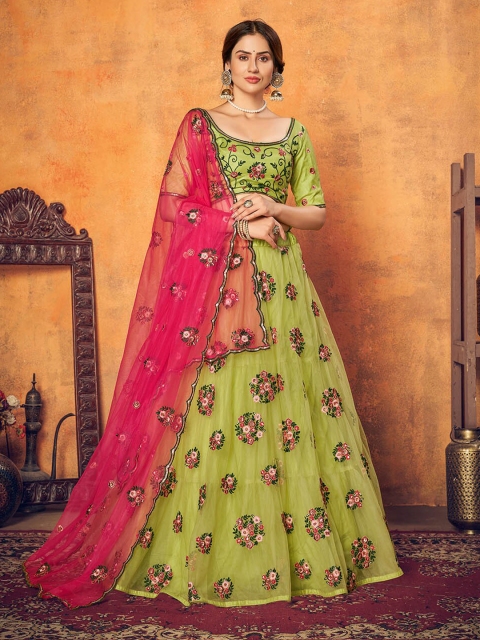 

ODETTE Fluorescent Green & Pink Semi-Stitched Lehenga & Unstitched Blouse With Dupatta