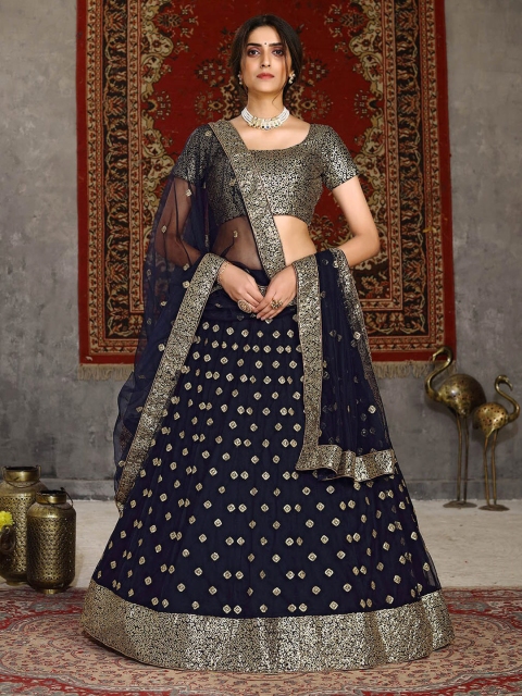 

ODETTE Navy Blue & Gold-Toned Embroidered Sequinned Semi-Stitched Lehenga & Unstitched Blouse With Dupatta