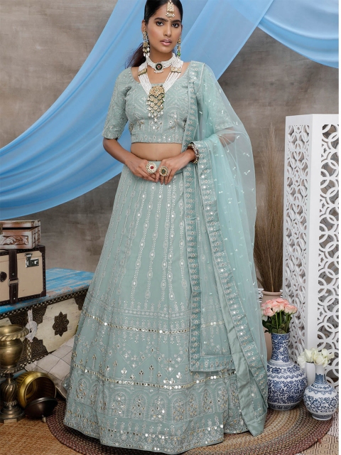 

ODETTE Green & Silver-Toned Semi-Stitched Lehenga & Unstitched Blouse With Dupatta