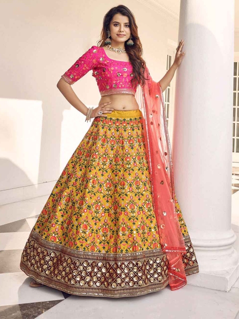 

ODETTE Mustard Yellow Embroidered Semi-Stitched Lehenga & Unstitched Blouse With Dupatta
