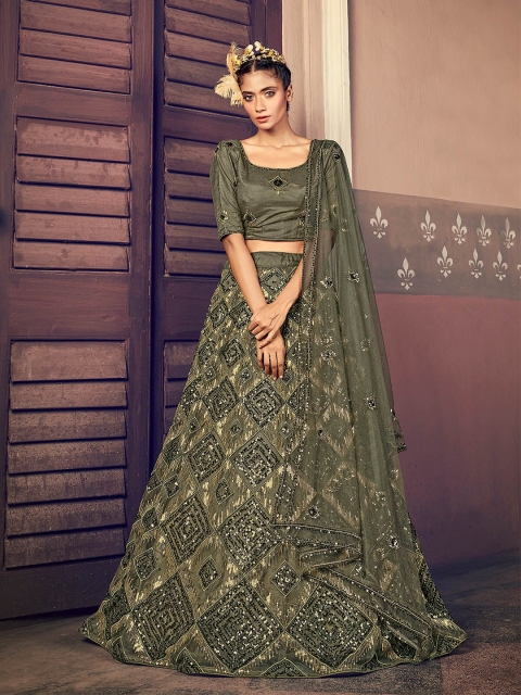 

ODETTE Olive Green & Gold-Toned Embroidered Sequinned Semi-Stitched Lehenga & Unstitched Blouse With Dupatta