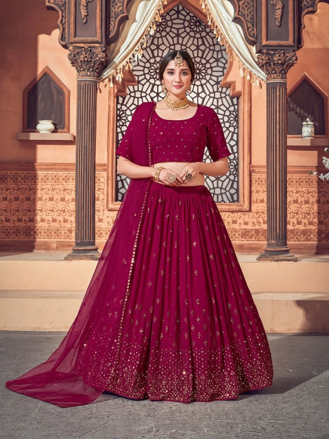 

ODETTE Maroon Embellished Semi-Stitched Lehenga & Unstitched Blouse With Dupatta