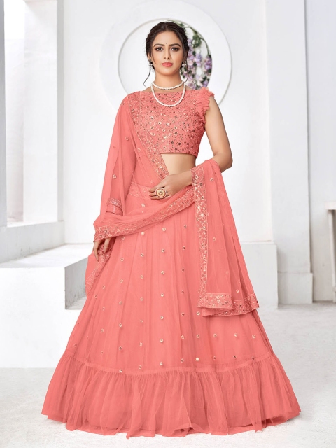 

ODETTE Peach-Coloured & Gold-Toned Embroidered Sequinned Semi-Stitched Lehenga & Unstitched Blouse With