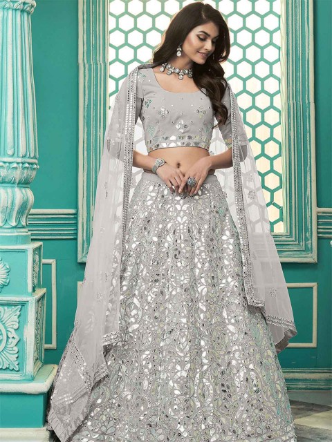 

ODETTE Grey & Silver-Toned Embellished Thread Work Semi-Stitched Lehenga & Unstitched Blouse With Dupatta