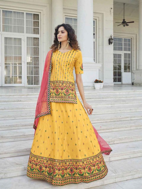 

ODETTE Women Yellow & Green Embellished Thread Work Semi-Stitched Lehenga Set