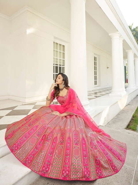 

ODETTE Pink & Green Embroidered Silk Semi-Stitched Lehenga & Blouse With Dupatta Set