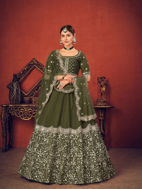 

ODETTE Olive Green & Bronze-Toned Embellished Semi-Stitched Lehenga & Unstitched Blouse With Dupatta