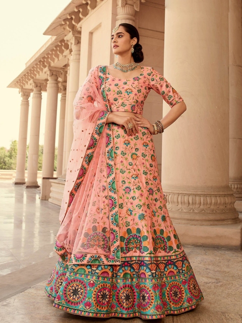 

ODETTE Peach-Coloured & Blue Embroidered Thread Work Semi-Stitched Lehenga & Unstitched Blouse With Dupatta