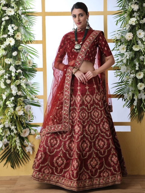 

ODETTE Maroon & Peach-Coloured Embroidered Semi-Stitched Lehenga & Unstitched Blouse With Dupatta