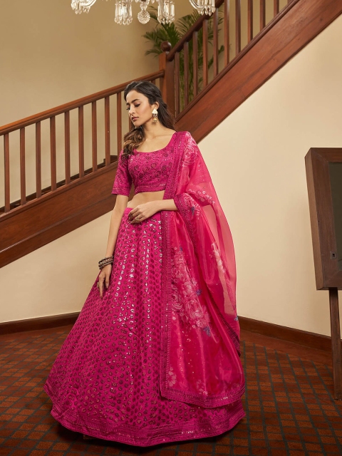 

ODETTE Pink & Purple Embroidered Sequinned Semi-Stitched Lehenga & Unstitched Blouse With Dupatta