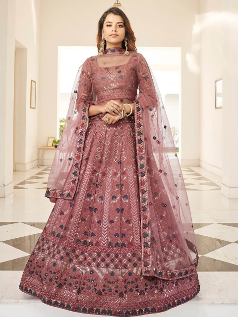 

ODETTE Rust & Grey Embroidered Thread Work Semi-Stitched Lehenga & Unstitched Blouse With Dupatta