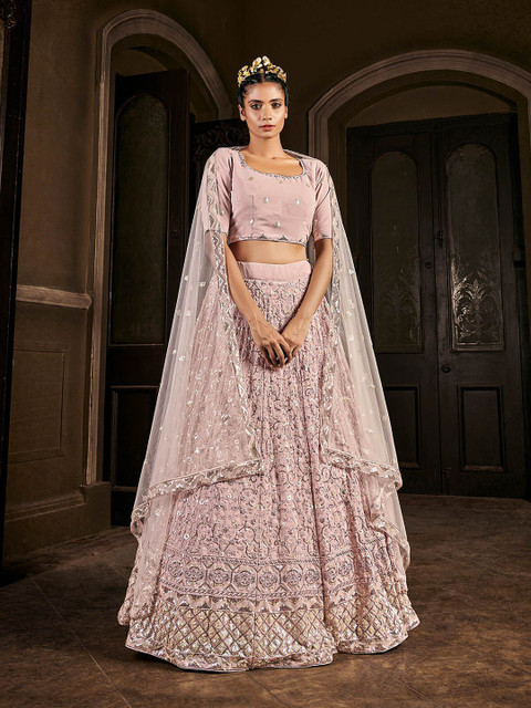 

ODETTE Pink & Silver-Toned Embroidered Sequinned Semi-Stitched Lehenga & Unstitched Blouse With Dupatta