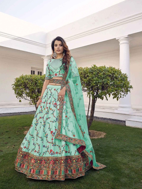 

ODETTE Sea Green & Red Embroidered Semi-Stitched Lehenga & Unstitched Blouse With Dupatta