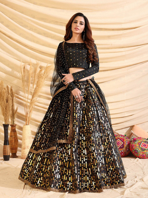 

ODETTE Black & Gold-Toned Printed Semi-Stitched Lehenga & Unstitched Blouse With Dupatta