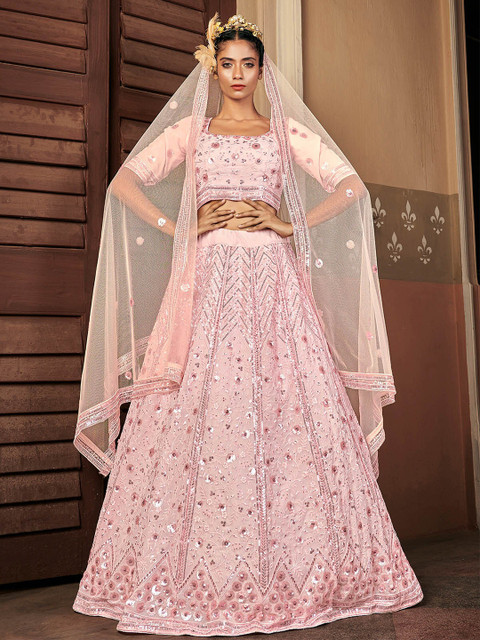 

ODETTE Pink & White Embroidered Semi-Stitched Lehenga & Unstitched Blouse With Dupatta