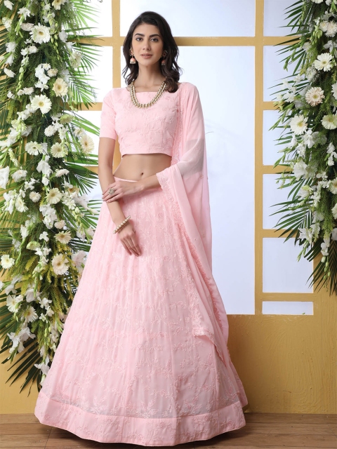 

ODETTE Pink Embroidered Sequinned Semi-Stitched Lehenga & Unstitched Blouse With Dupatta