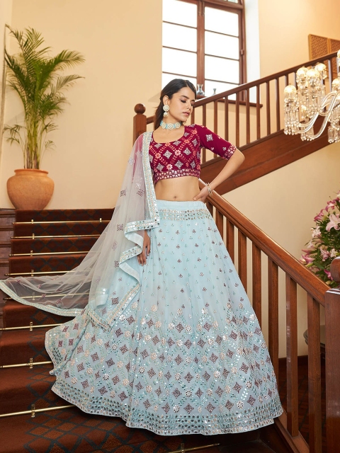 

ODETTE Blue & Maroon Embellished Semi-Stitched Lehenga & Unstitched Blouse With Dupatta