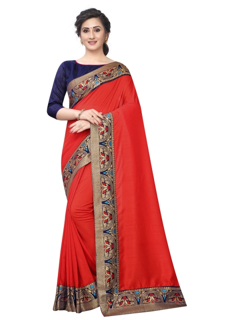 

B4ME COM Red & Blue Zari Silk Cotton Fusion Mysore Silk Saree