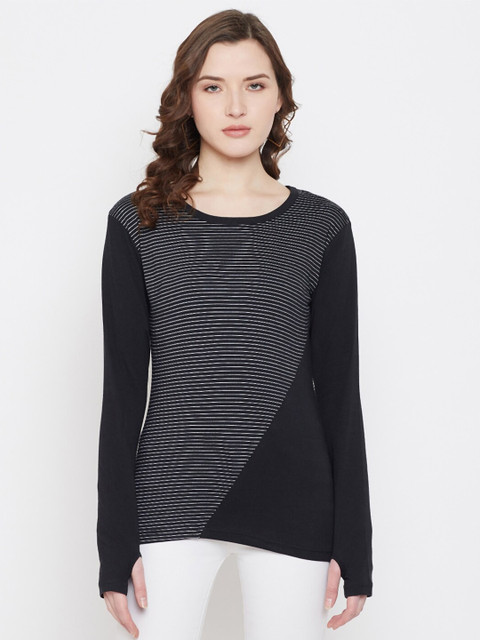 

Hypernation Women Black Striped Extended Sleeves T-shirt