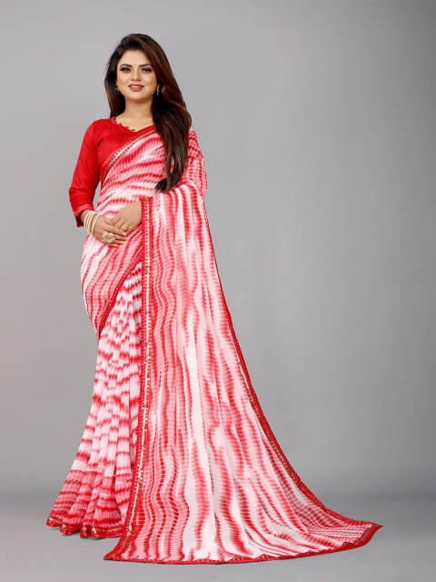 

B4ME.COM Red & Off White Shibori Printed with Frill Boarder Saree