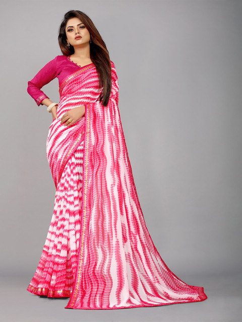 

B4ME.COM Pink & White Shibori Printed with Frill Boarder Saree