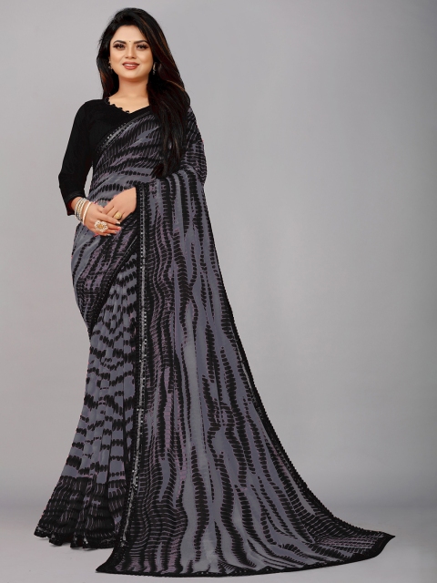 

B4ME.COM Grey & Black Shibori Printed with Frill Boarder Saree