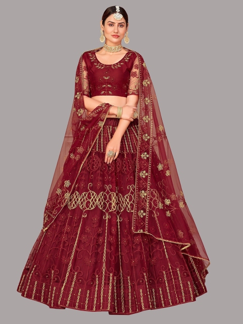 

Warthy Ent Maroon & Gold-Toned Embroidered Thread Work Semi-Stitched Lehenga & Unstitched Blouse With