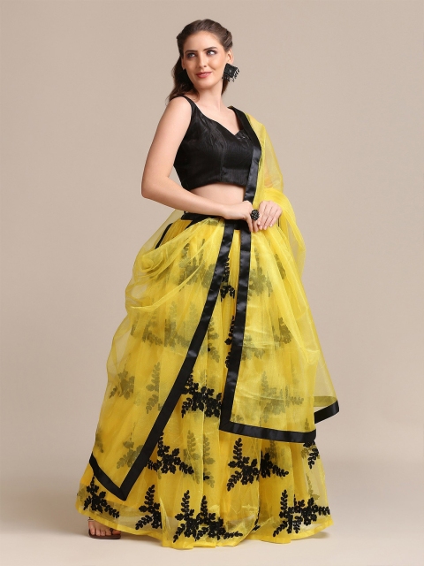 

Warthy Ent Yellow & Black Embroidered Semi-Stitched Lehenga & Blouse With Dupatta