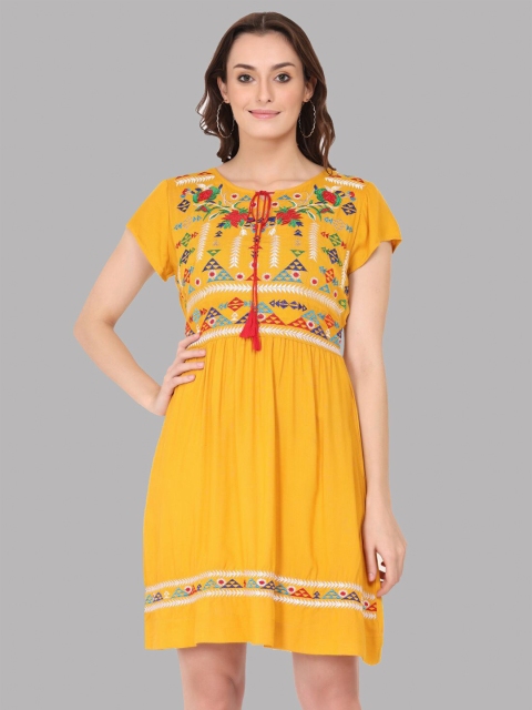 

SAAKAA Mustard Yellow Ethnic Motifs Tie-Up Neck Dress