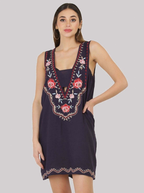 

SAAKAA Navy Blue & Red Floral Embroidered Sheath Dress