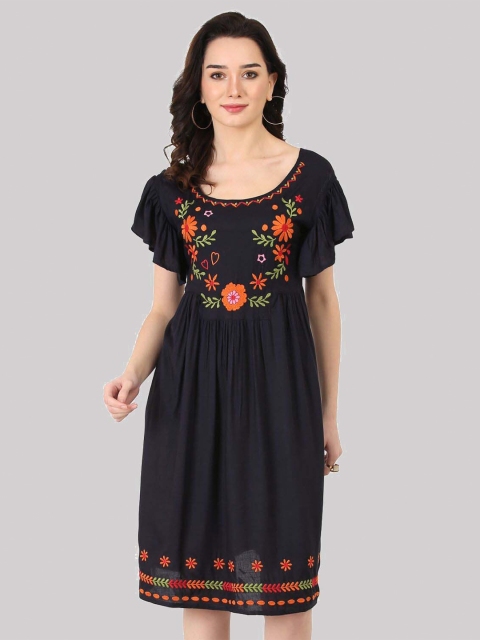 

SAAKAA Women Black Embroidered A-Line Rayon Dress