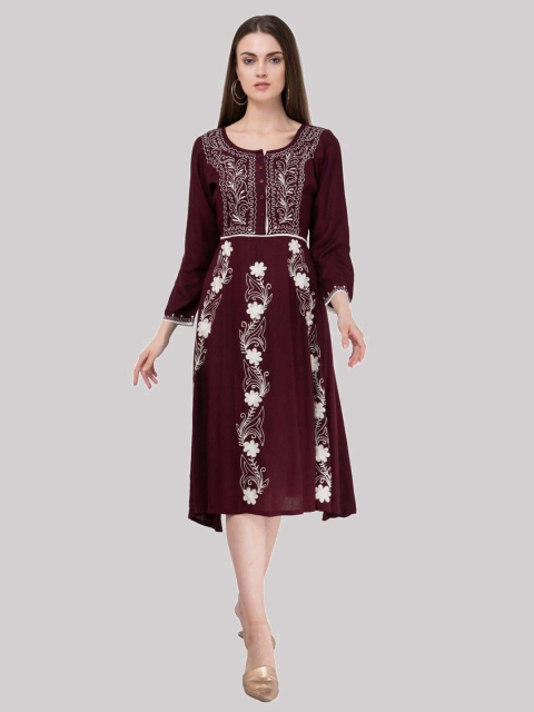 

SAAKAA Brown Floral Embroidered Midi Dress