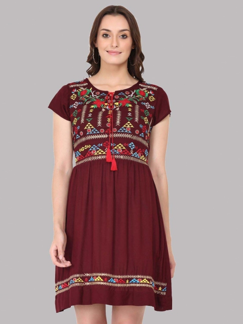 

SAAKAA Women Brown Ethnic Motifs Embroidered Mini Dress