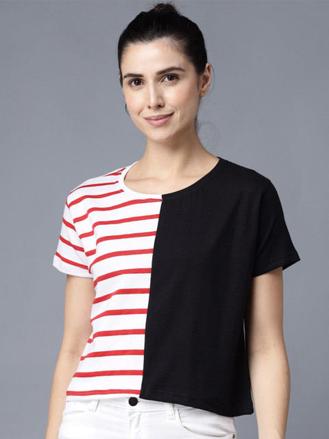 

THE EG STORE Women Black & White Striped T-shirt