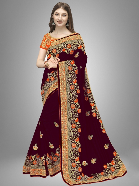 

Trendmalls Brown & Gold-Toned Floral Embroidered Silk Blend Saree
