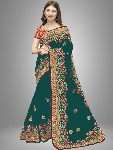 

Trendmalls Sea Green & Gold-Toned Floral Embroidered Silk Blend Saree