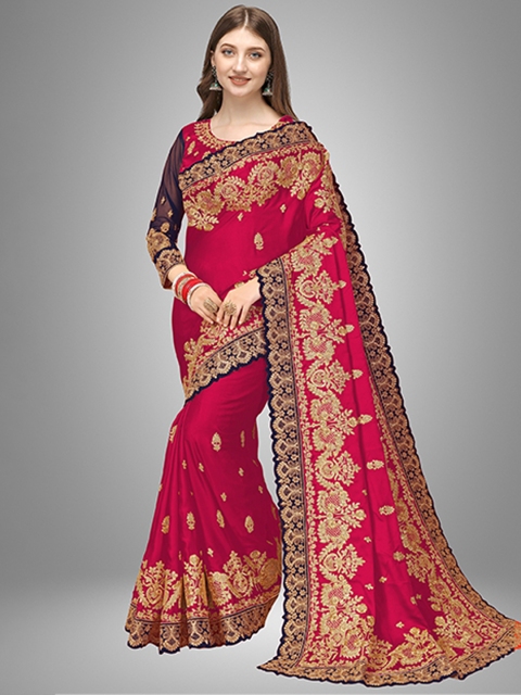 

Trendmalls Pink & Gold-Toned Ethnic Motifs Embroidered Satin Silk Saree