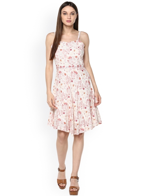 

Soie Women White & Pink Printed Fit and Flare Dress