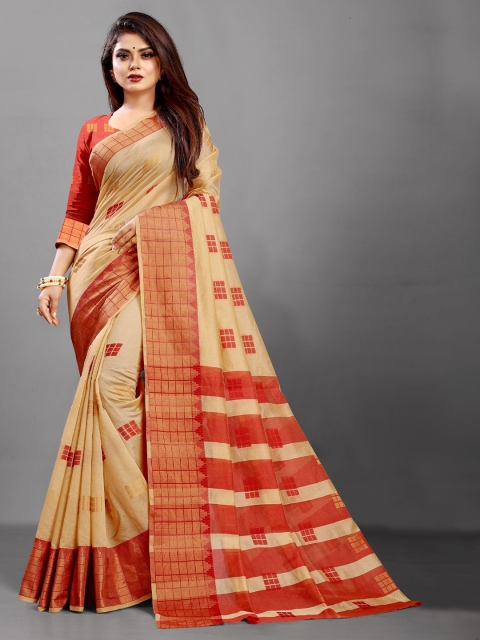 

B4ME COM Cream-Coloured & Red Zari Art Silk Gadwal Saree