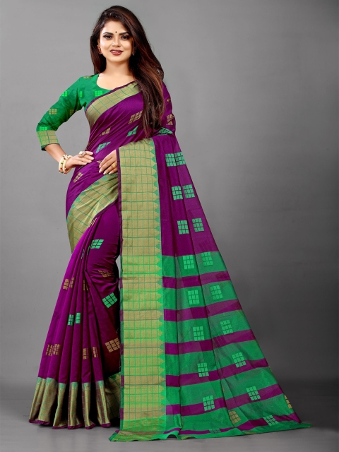 

B4ME COM Purple & Green Geometric Design Zari Gadwal Saree