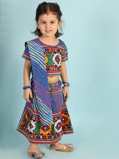 

KID1 Girls Blue & Green Embroidered Ready to Wear Lehenga & Blouse With Dupatta