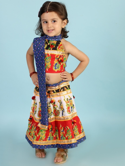 

KID1 Girls White & Blue Embroidered Ready to Wear Lehenga & Blouse With Dupatta